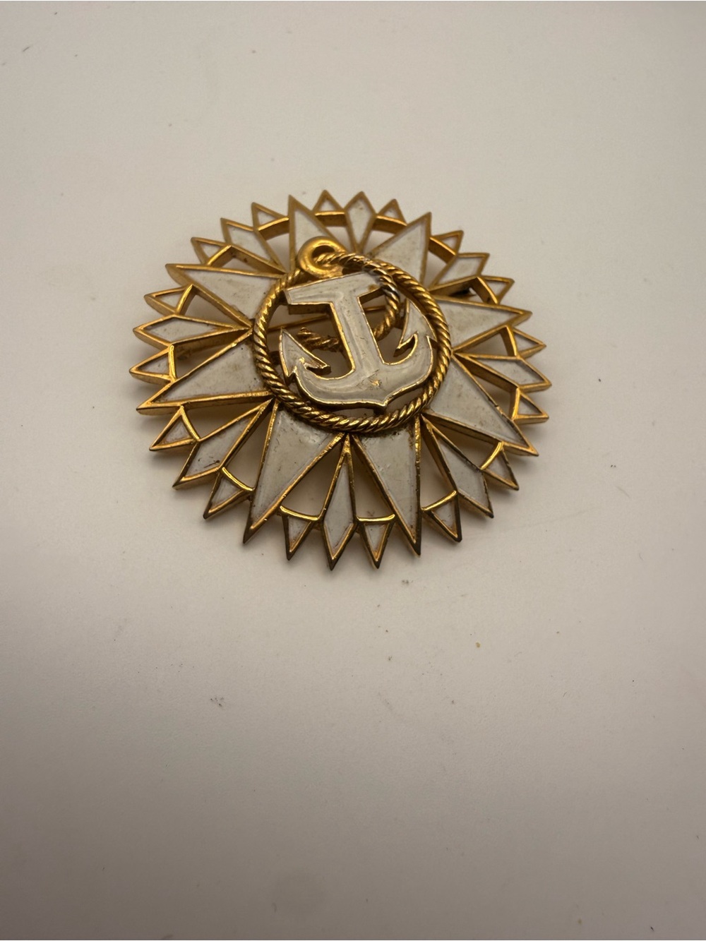 Vintage Crown Trifari White Enamel Anchor Gold tone Anchor Medallion Brooch